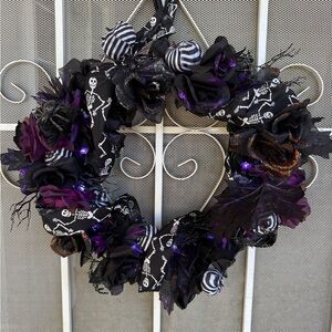 Halloween Skeleton Wreath with Purple Accents - LED bat lights